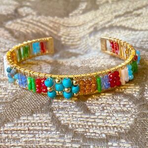 Gold Cuff Bracelet Multi Color Colorful Beads Flexible Adjustable Fit